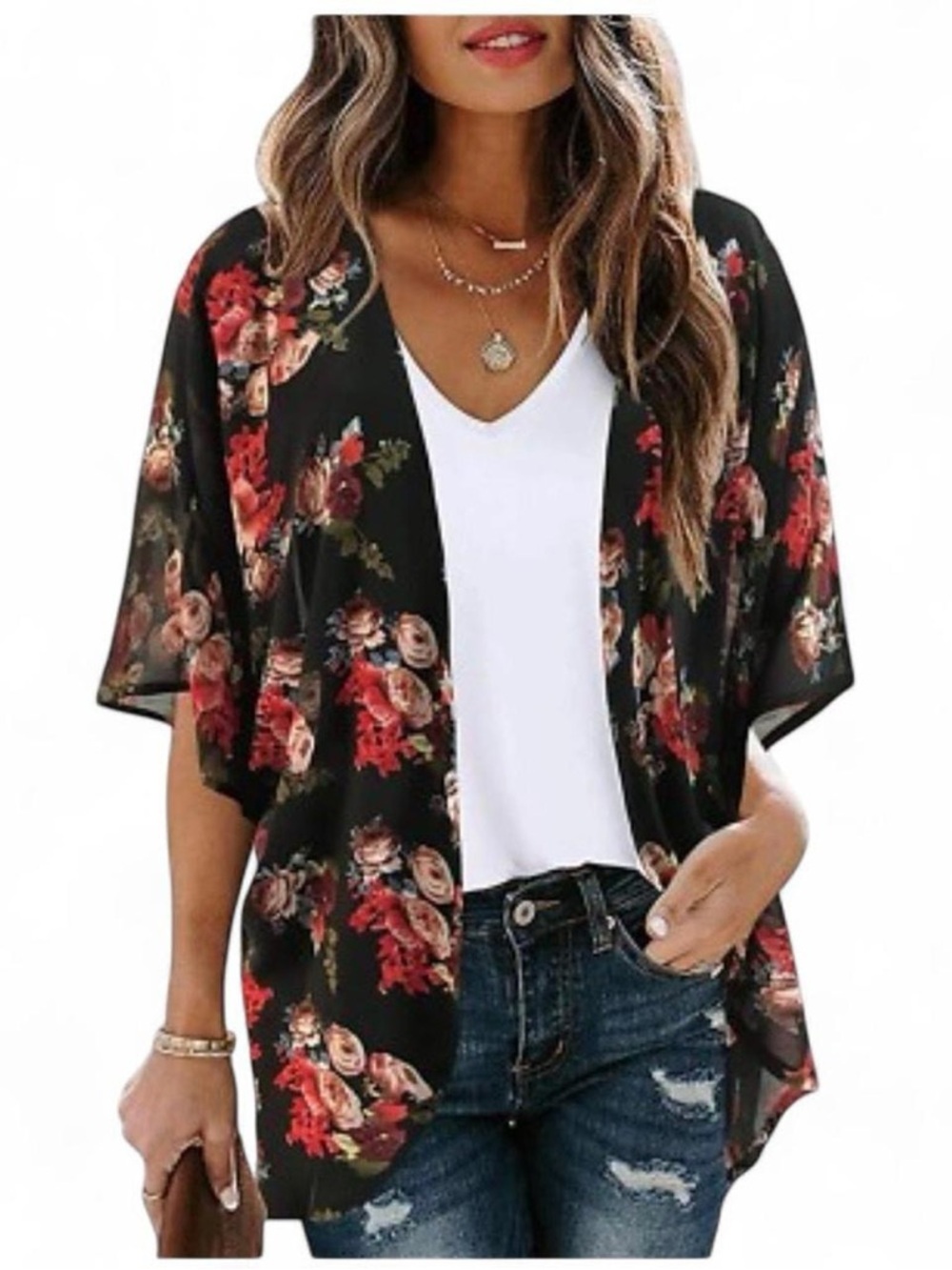 Floral Open-Front Kimono Cardigan - Black & Red